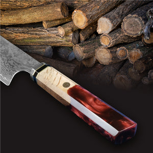 Back view of red 8 inch VG10 Japanese Damascus steel knife with stable wood and resin handle 