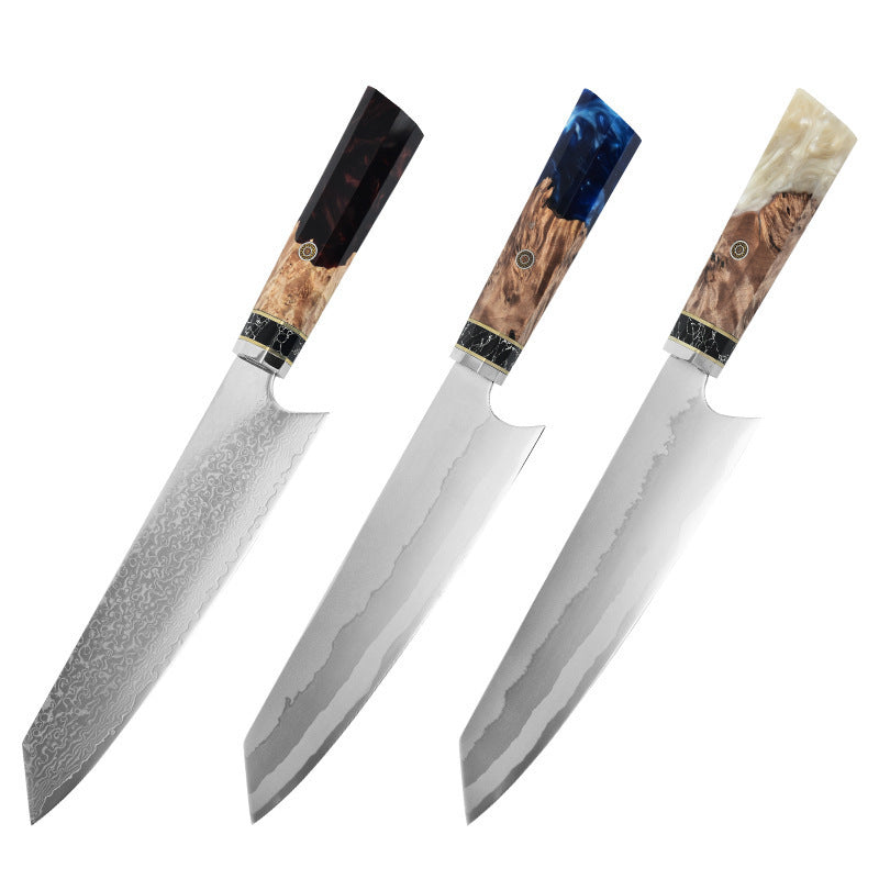 straight on view of the 3 variants, black, blue, and white 8 inch VG10 Japanese Damascus steel knife with stable wood and resin handle 
