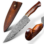 Load image into Gallery viewer, Front view of the Japanese chef knife with the free Italian leather sheath close up of handle 
