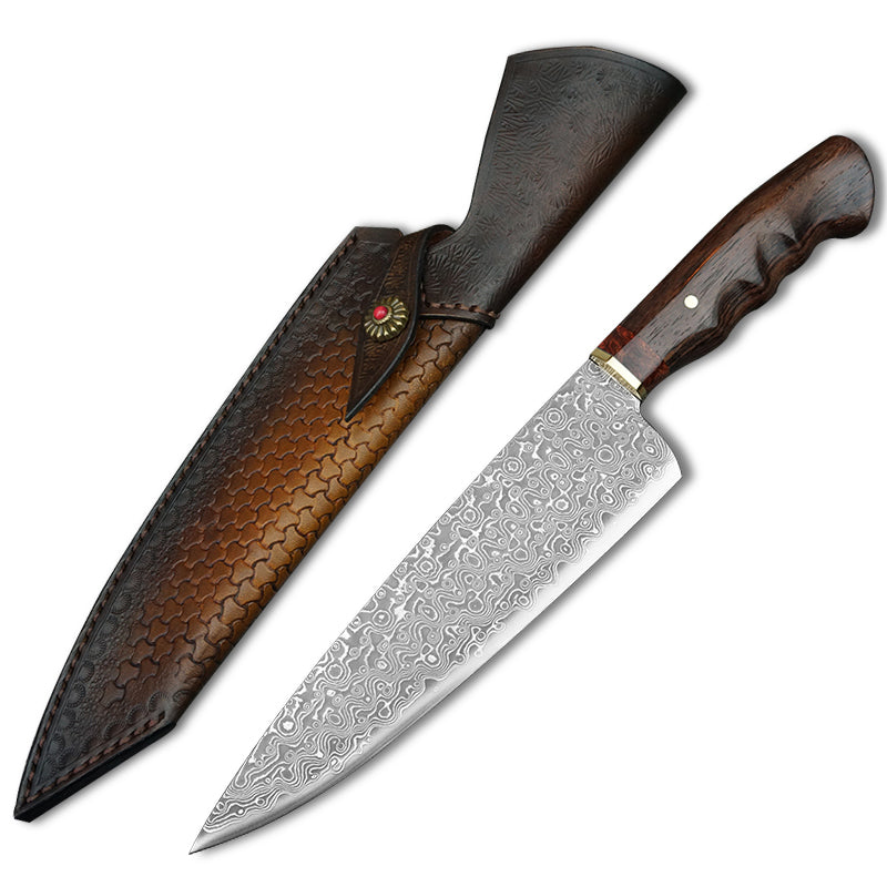 Handmade  inch Rosewood Handle Japanese VG10 Damascus Steel Kitchen Chef Knife with Leather Sheath