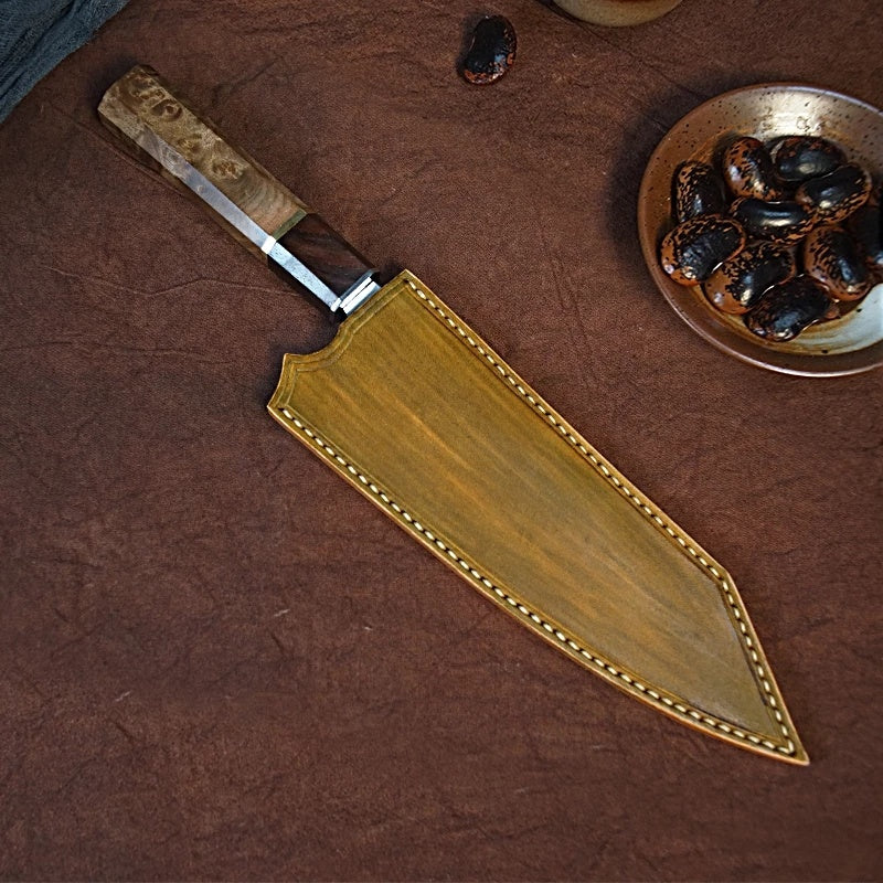 Handmade figured sycamore burl wood handle Japanese Fish Sashimi Deba Kitchen knife in the Italian leather sheath