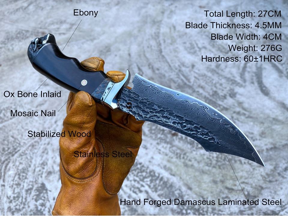 Damascus Hunting Knife Fixed Blade Ebony And Tyrannosaurus Steel