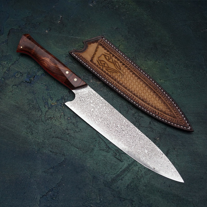 Side by side Professional handmade, hand forged 8 inch rosewood handle Damascus steel Japanese kitchen chef knife with handstitched leather sheath 