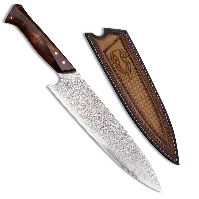 Knife and sheath on a white background of the Professional handmade, hand forged 8 inch rosewood handle Damascus steel Japanese kitchen chef knife 