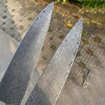 Load image into Gallery viewer, Close up of the Damascus steel blades on the bangin benji knife 
