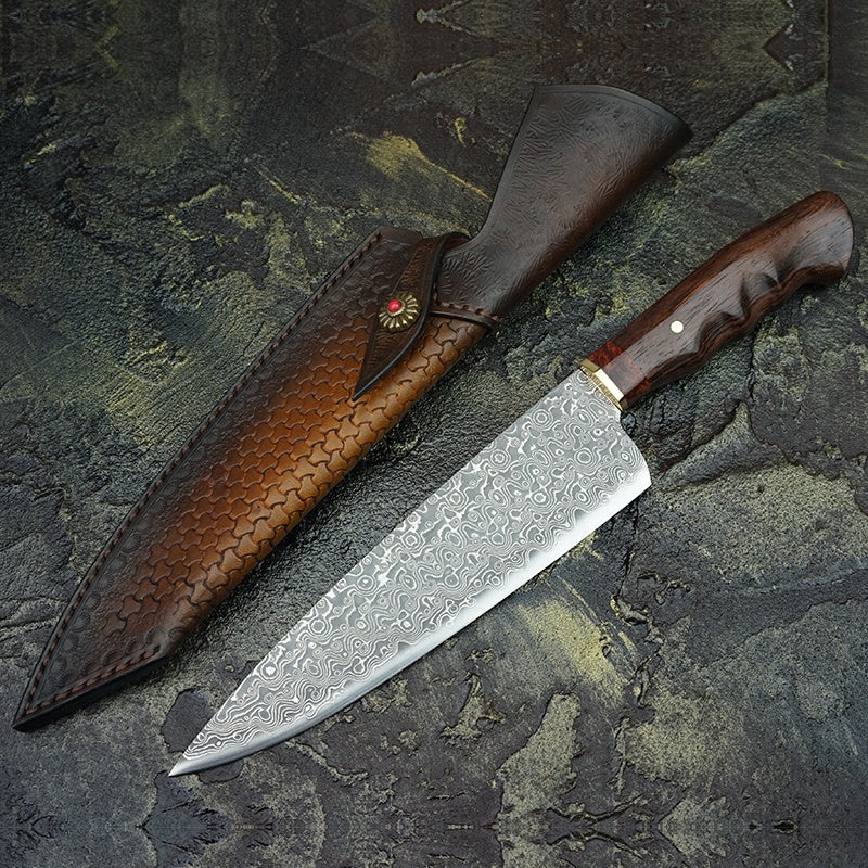 Picture with a nice background of the Handmade 8 inch Rosewood Handle Japanese VG10 Damascus Steel Kitchen Chef Knife with Leather Sheath