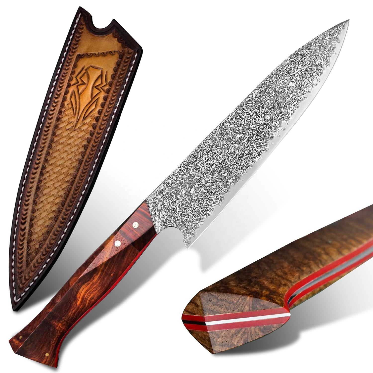 Full view of Professional handmade, hand forged 8 inch rosewood handle Damascus steel Japanese kitchen chef knife with free leather sheath 