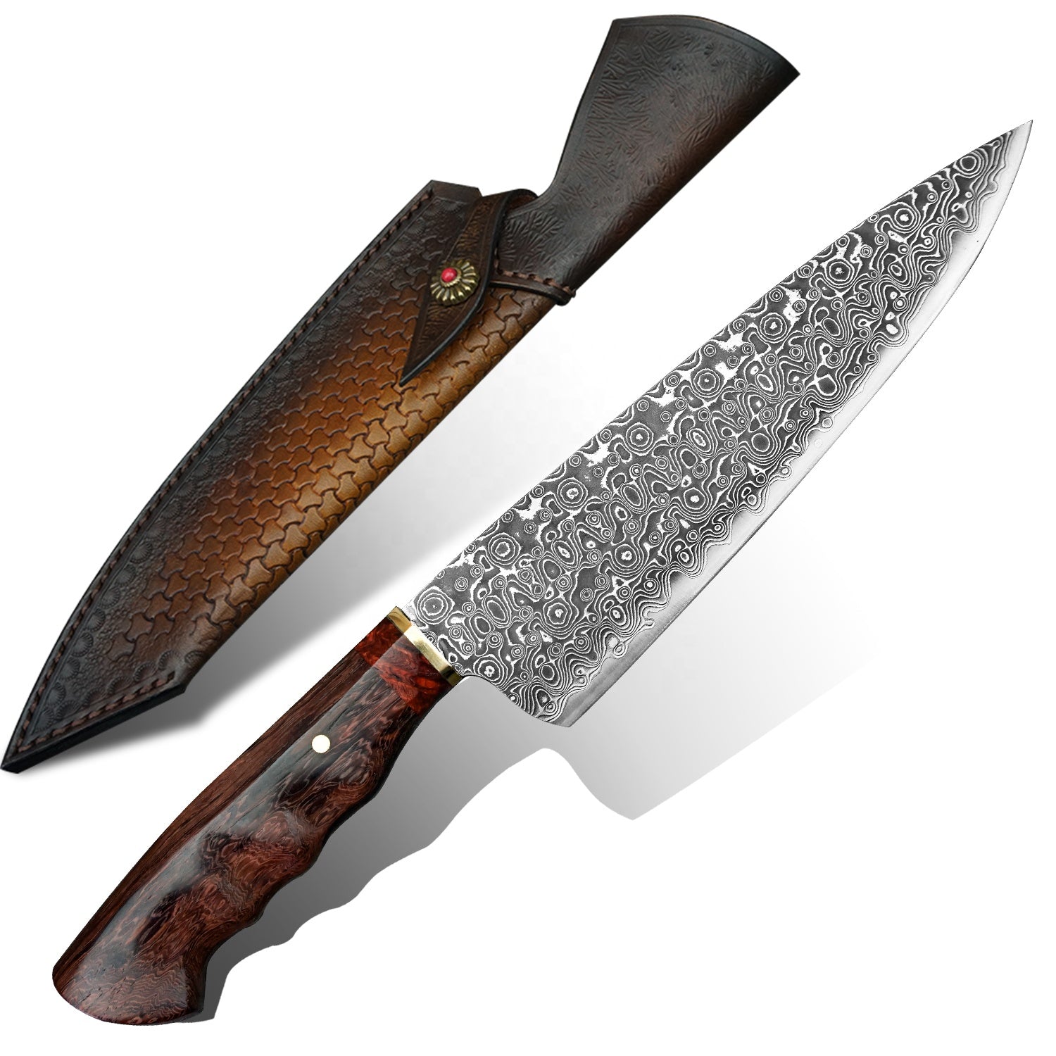 Handmade 8 inch Rosewood Handle Japanese VG10 Damascus Steel Kitchen Chef Knife with Leather Sheath