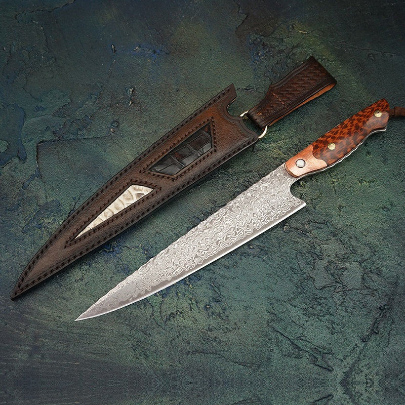 Handmade 8in Snakewood Handle Damascus Steel Japanese Kitchen Chef Knife with leather Sheath