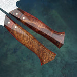 Load image into Gallery viewer, Close up of the handle and shape of the Professional handmade, hand forged 8 inch rosewood handle Damascus steel Japanese kitchen chef knife 
