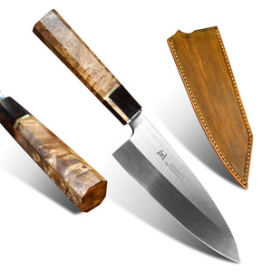 Handmade figured sycamore burl wood handle Japanese Deba Fish Sashimi Kitchen Chef Deba knife with free leather sheath