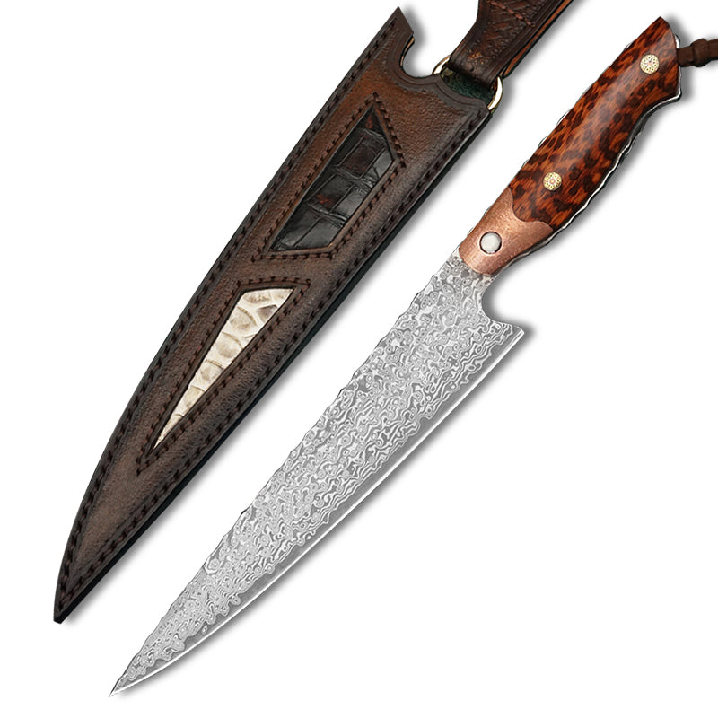 Picture of the Handmade 8in Snakewood Damascus Steel Japanese Kitchen Chef Knife with leather Sheath