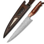 Load image into Gallery viewer, Picture of the Handmade 8in Snakewood Damascus Steel Japanese Kitchen Chef Knife with leather Sheath
