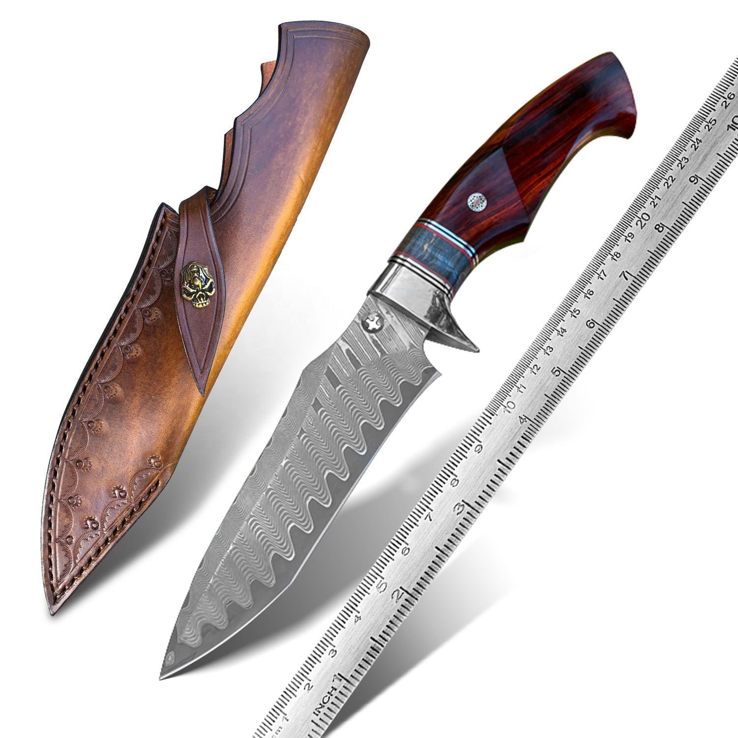 Damascus Steel Knife, Rosewood Hunting Knife