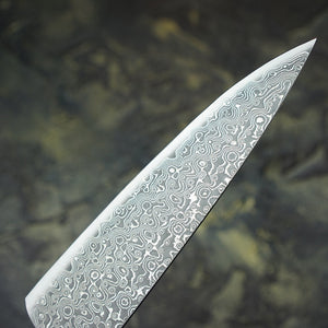 Close up of the blade showing the Damascus steel clouded pattern on the Handmade 8 inch Rosewood Handle Japanese VG10 Damascus Steel Kitchen Chef Knife with Leather Sheath