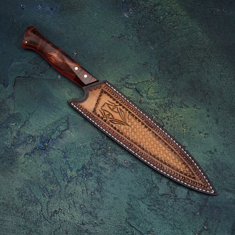Knife inside its handmade Italian leather sheath. Professional handmade, hand forged 8 inch rosewood handle Damascus steel Japanese kitchen chef knife 