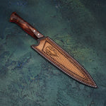 Load image into Gallery viewer, Knife inside its handmade Italian leather sheath. Professional handmade, hand forged 8 inch rosewood handle Damascus steel Japanese kitchen chef knife 
