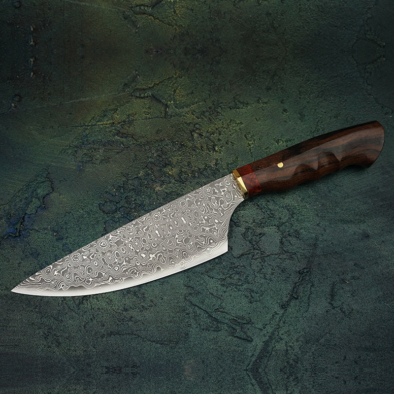 Picture of the knife only. Showing the Handmade 8 inch Rosewood Handle Japanese VG10 Damascus Steel Kitchen Chef Knife with Leather Sheath