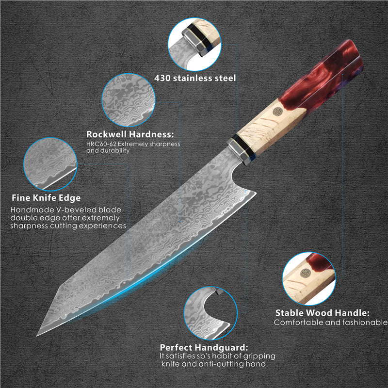 Product specifications of the Red 8 inch Japanese Damascus vg10 steel knife with stable wood and resin handle 