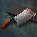 Load image into Gallery viewer, Full view of the Chinese Butchers Cleaver made with VG10 Japanese steel with a red acid wood handle and the gift box 
