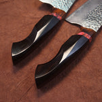 Load image into Gallery viewer, Close up of the Black wood handle Nakiri Damascus steel knife
