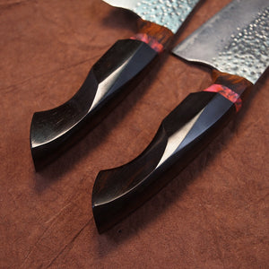 Close up of the Black wood handle Nakiri Damascus steel knife