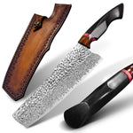 Load image into Gallery viewer, Full view showing knife, sheath and handle of the Japanese Nakiri Damascus steel knife 
