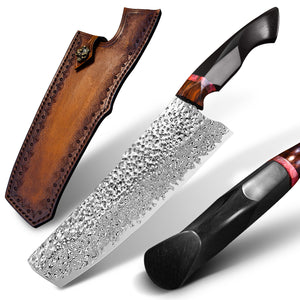 Full view showing knife, sheath and handle of the Japanese Nakiri Damascus steel knife 
